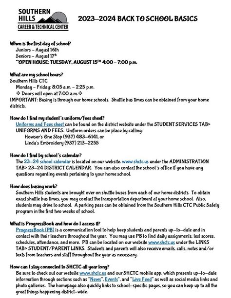 23 24 Back To School Basics Southern Hills Career Technical Center