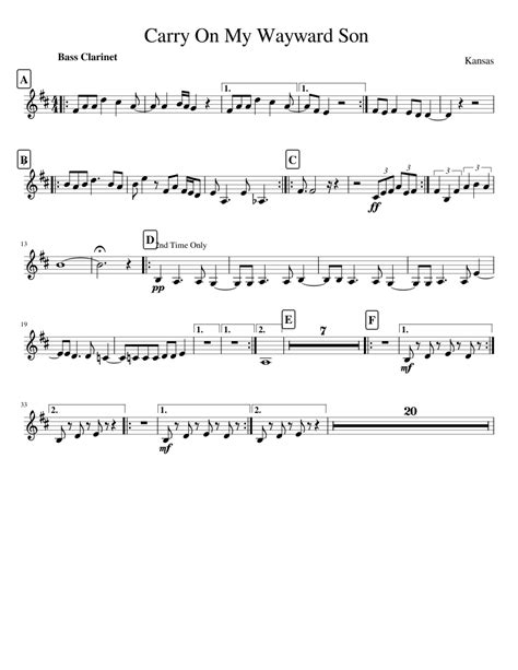 Carry On My Wayward Son Bass Clarinet Sheet Music For Clarinet Bass Solo Musescore Com