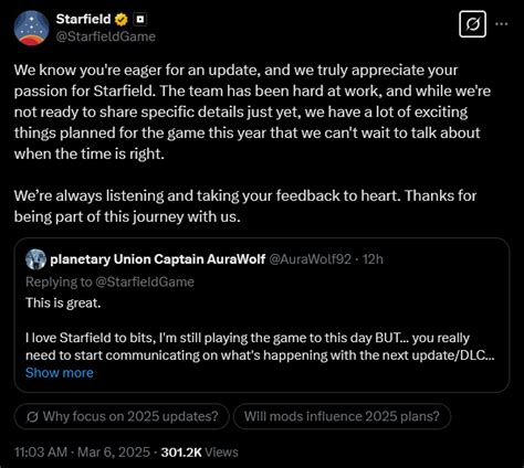 Despite No Updates For Last Six Months Bethesda Says They Have A Lot Of Exciting Things Planned For Starfield In 2025 We Re Always Listening And Taking Your Feedback To Heart