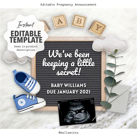 Digital Pregnancy Announcement Pregnancy Reveal Downloadable Editable Template Social Media Reveal Gender Neutral Baby Announcement Etsy