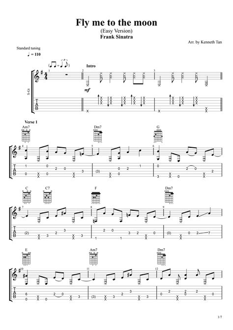 Frank Sinatra Fly Me To The Moon Easy Version Fingerstyle Guitar Spartito