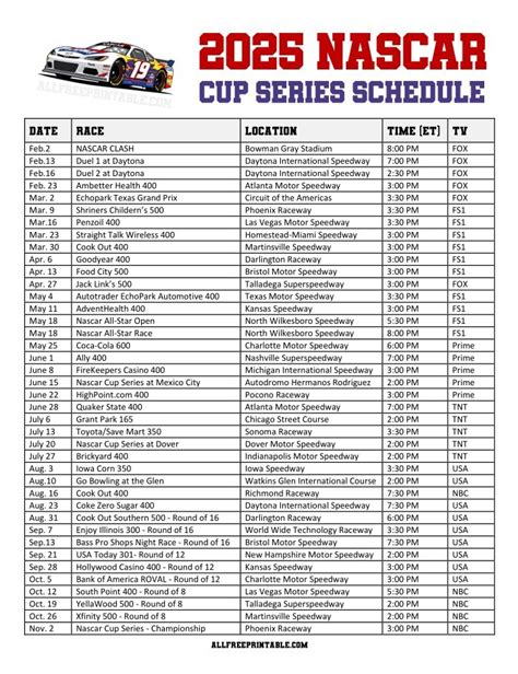 Printable Nascar Sprint Cup Schedule