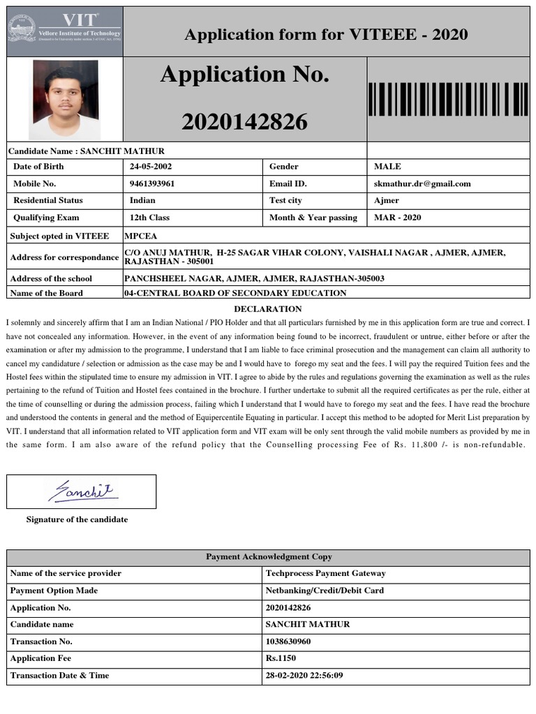 Viteee Vallore Admit Card Pdf