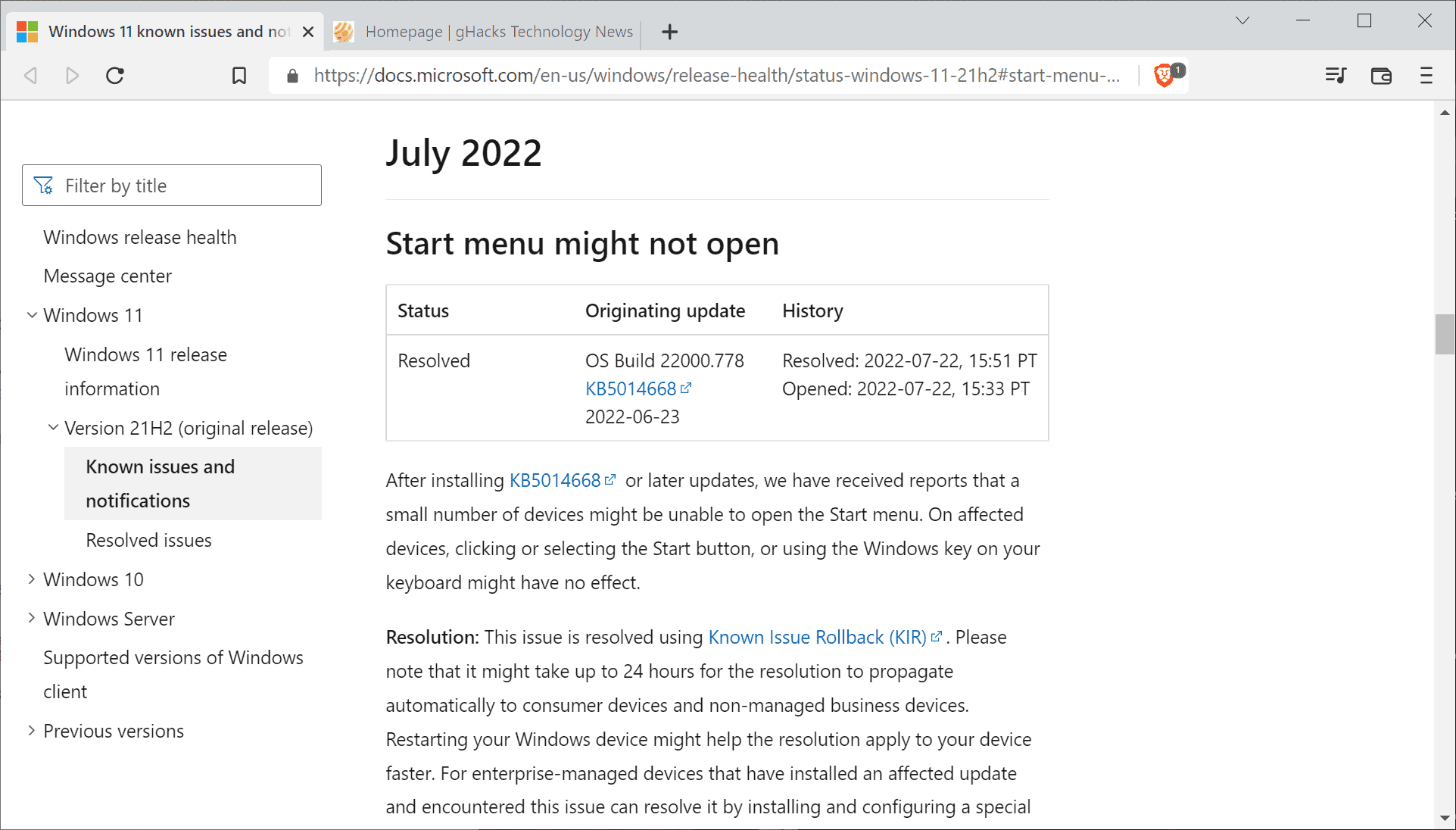 Windows 11 Update Rolled Back Because Of Start Menu Opening Issues Ghacks Tech News